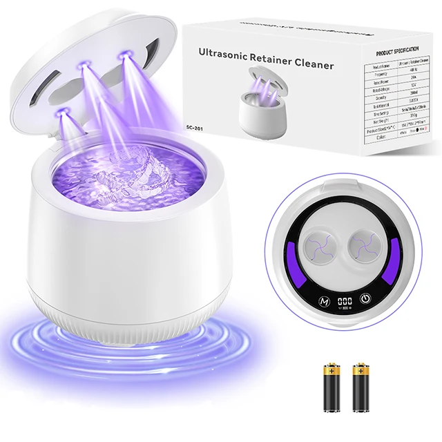 Nettoyeur à ultrasons 200 ml 48 kHz, minuterie numérique et lampe UV, batterie rechargeable