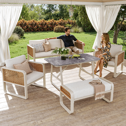 Okwish Gartenmöbel-set – Modulares Set Für 5 Plätze, Aus Beigem Pe-geflecht, Mit Tisch Und Abnehmbaren, Waschbaren Kissen