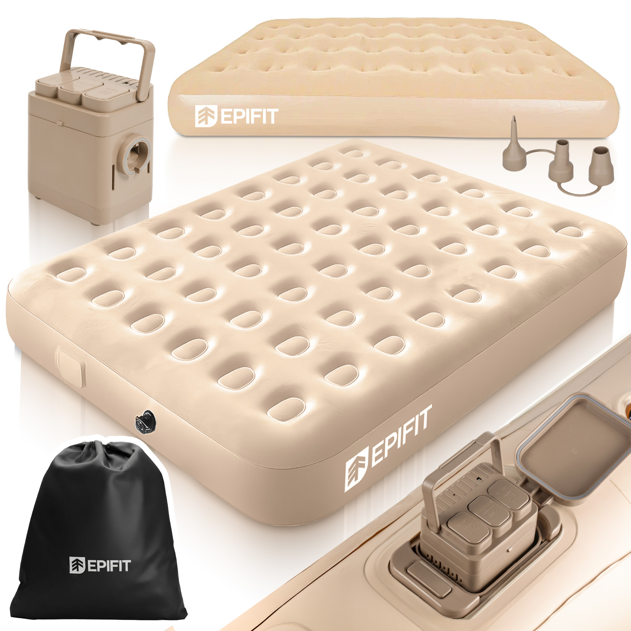 Matelas Gonflable Double Aire Beige Avec Pompe Électrique Usb-c Pour Le