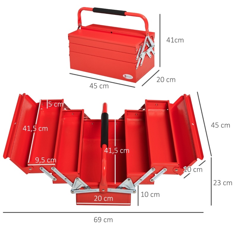 Boîte à outils pliable en acier rouge, 3 étages et 5 compartiments, 45 x 20 x 34,5 cm, charge 20 kg