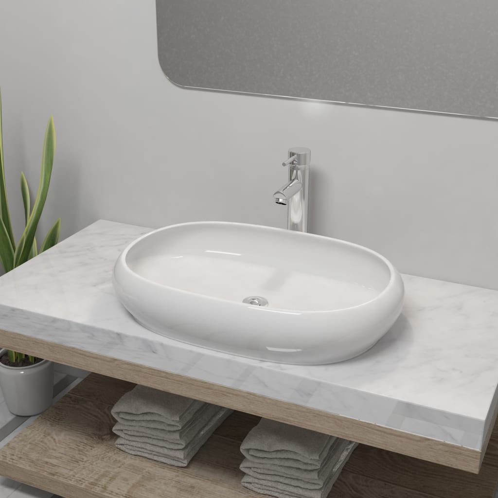 Bathroom Basin With Mixer Tap Ceramic Oval White Vidaxl