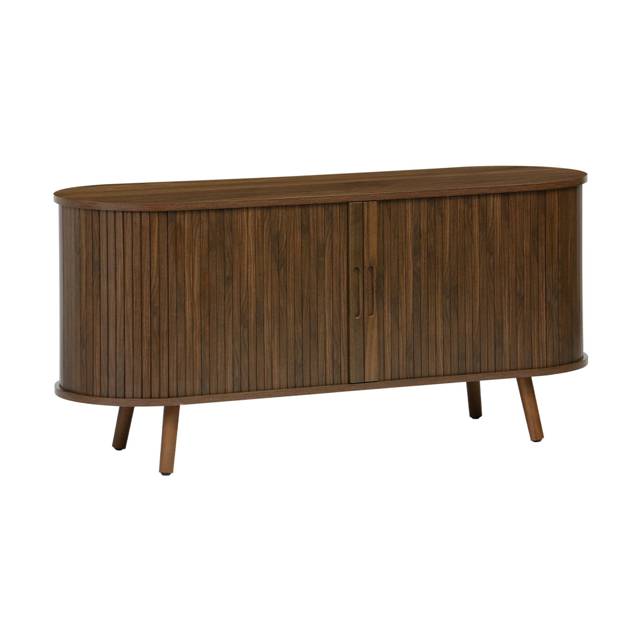 Sweeek - 120cm Scandi-style Tv Unit With Grooved Wooden Effect And 2 Sliding Doors, Legacy, Walnut, 120x40x57 Cm