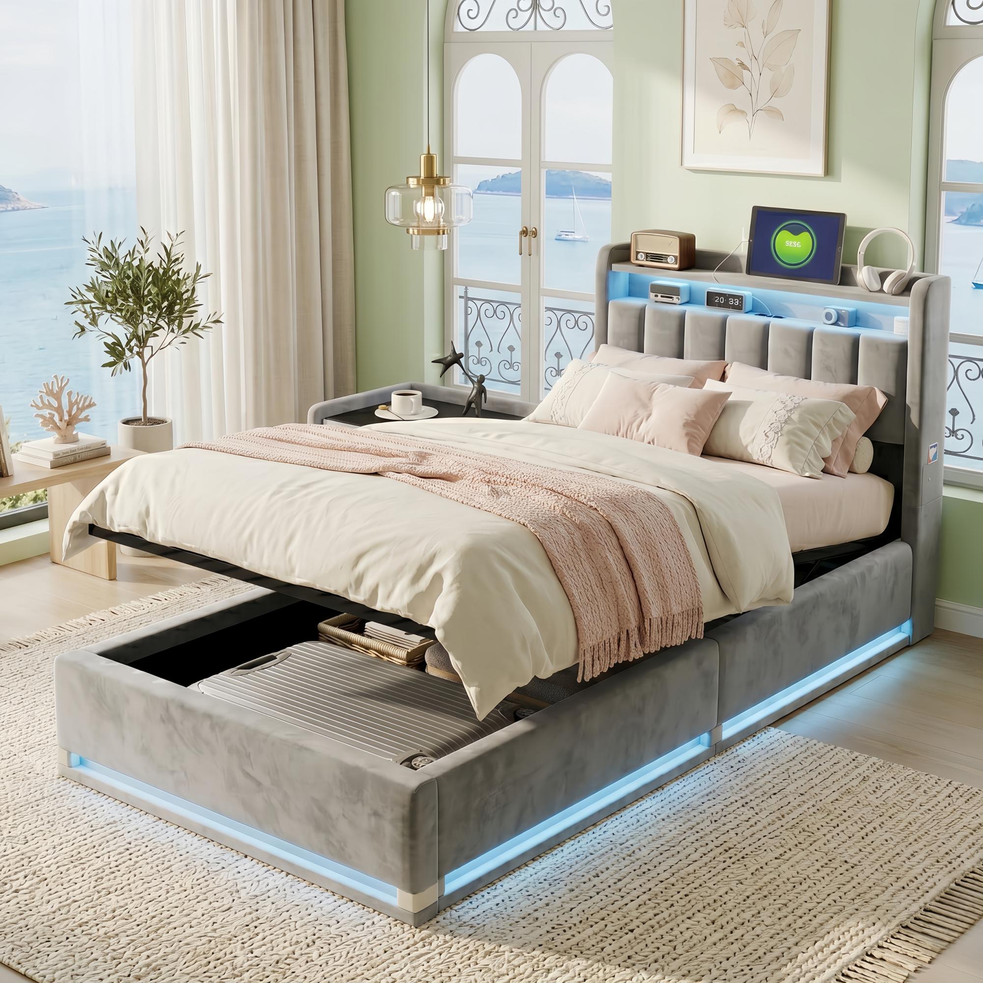 Lit Coffre Simple 90x190 Cm Velours Gris - Avec Led Et Usb Lit
