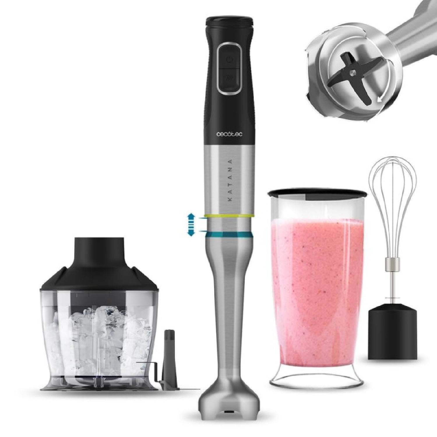 Cecotec Batidora de Mano Katana 15 Chop B. 1500 W, 21 Velocidades y Turbo, 4 hojas con Titanio Negro, Campana antisalpicaduras
