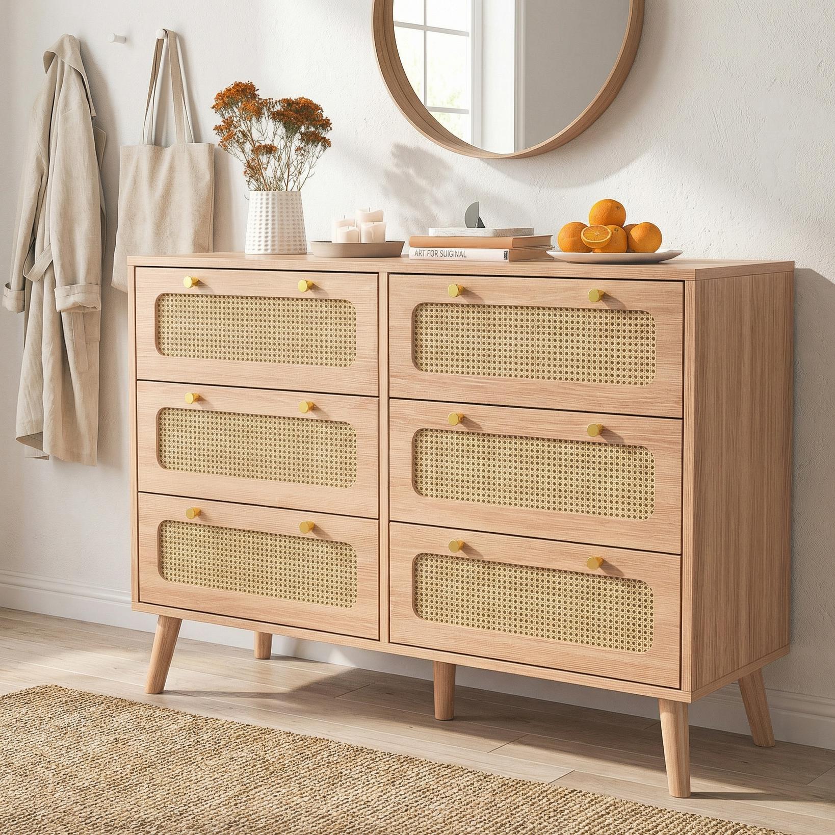 Commode 100 Cm Effet Rotin, 6 Tiroirs, Commode Chambre, Meuble De Rangement, Style Scandinave, Chêne Clair