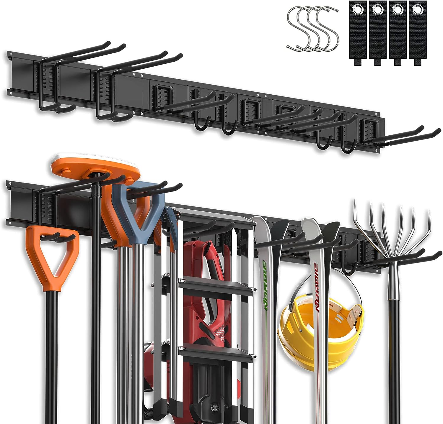 Porte-outils mural réglable en aluminium, 3 rails, 10 crochets, 4 crochets en S et 4 sangles, charge 181 kg