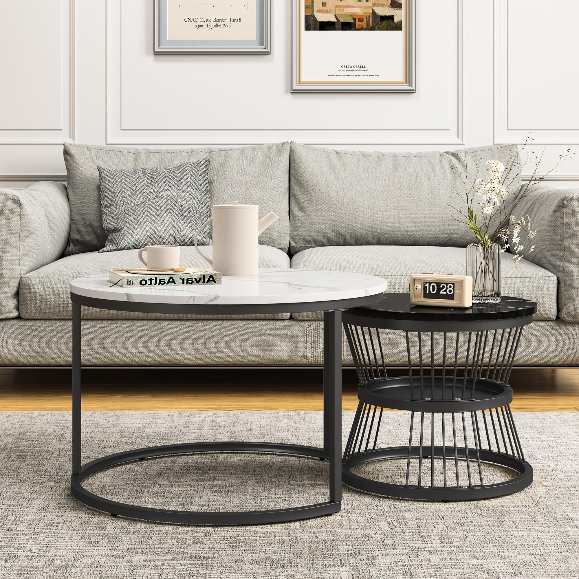 Dans Les Nuages - Lot De 2 Table Basses Gigogne Rondes, 70 Cm - Avec Étagères, Brillant Plateau En Bois Effet Marbre Pvc, Pieds Métal, Design Moderne - Blanc