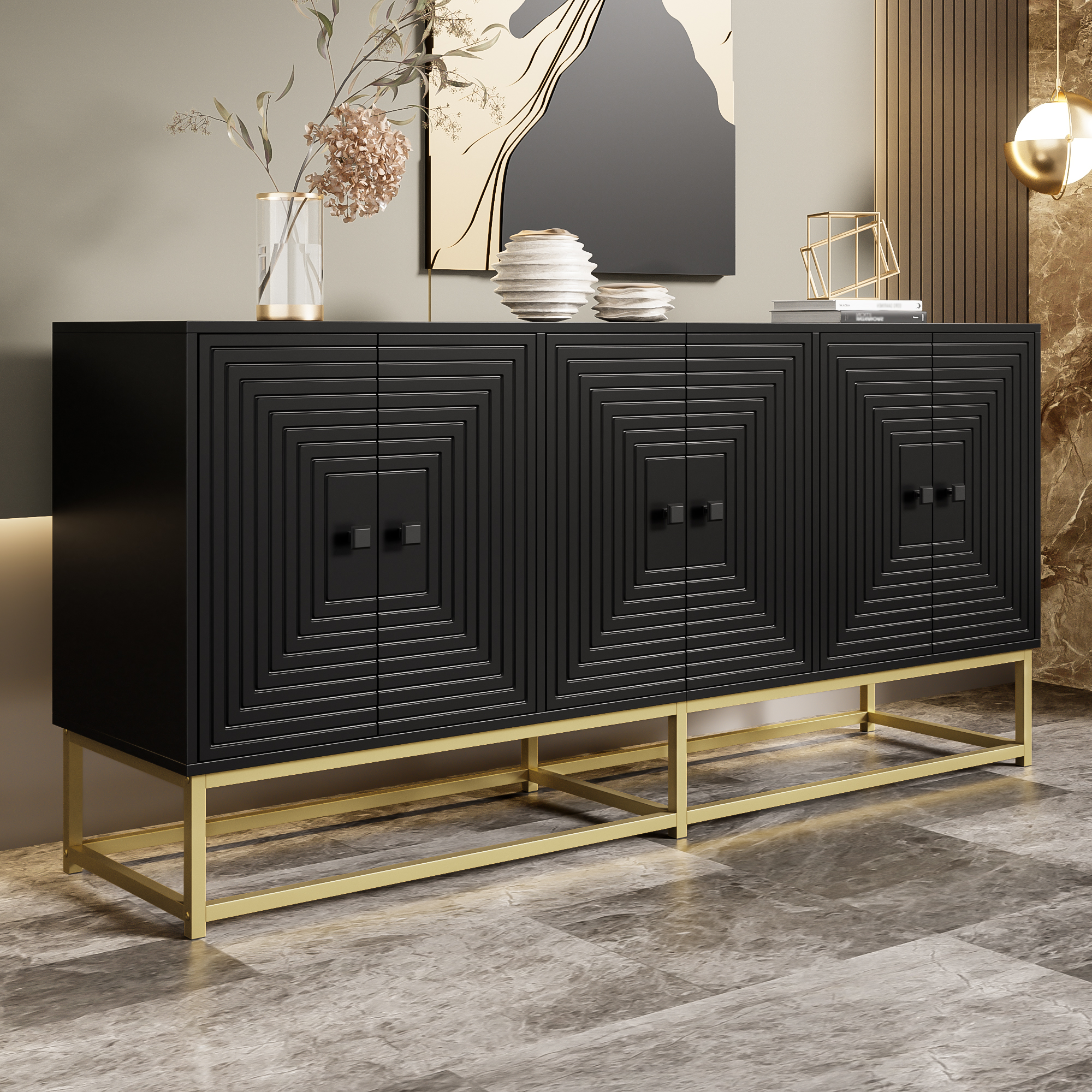 Stilvora Sideboard Mit 3 Doppeltüren, Relief-fronten, Matter Oberfläche, Großer Stauraum, 160×38×75, 5 Cm, Aus Spanplatte, Schwarz