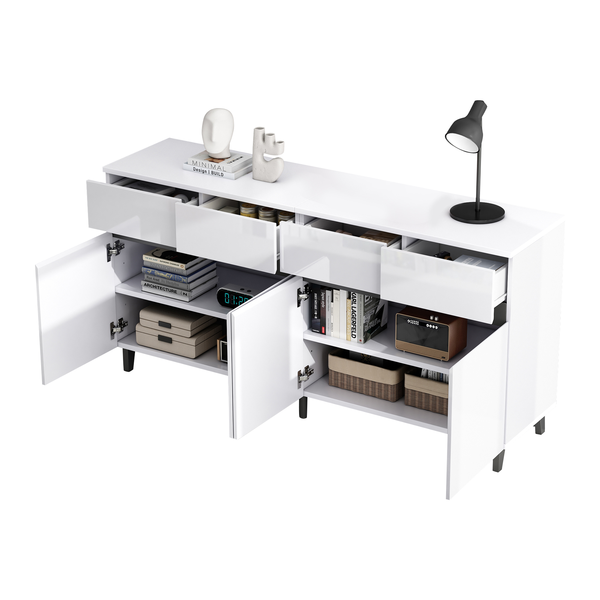 Stilvora Sideboard Mit 2 Türen, 4 Schubladen Und Verstellbaren Einlegeböden, Hochglanzfront, Aus Spanplatte, 160 × 40 × 68 Cm, Weiß