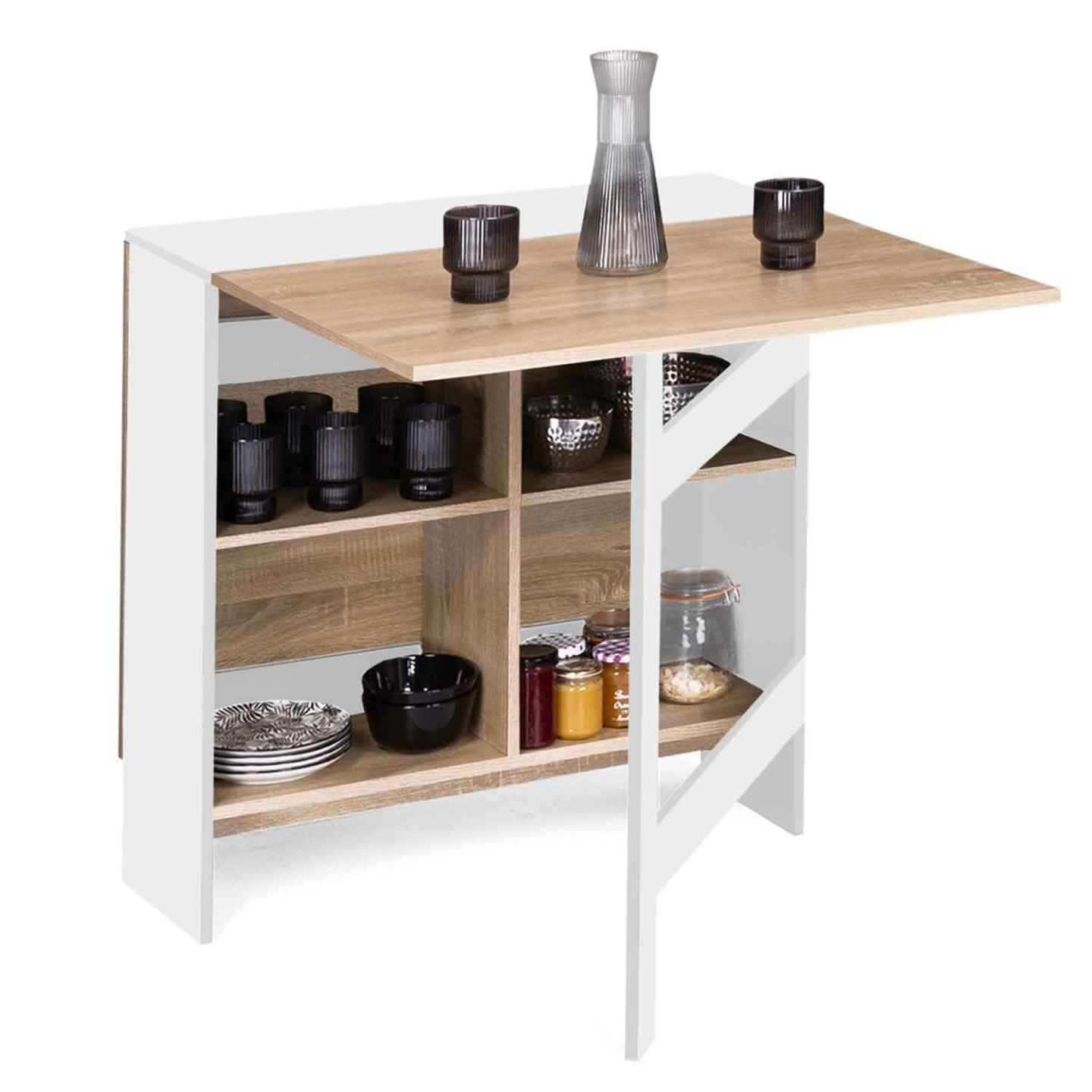 Idmarket - Table Console Pliable Edi 2-6 Personnes Avec Rangements Bois Blanc Plateau Façon Hêtre 150 X 80 Cm