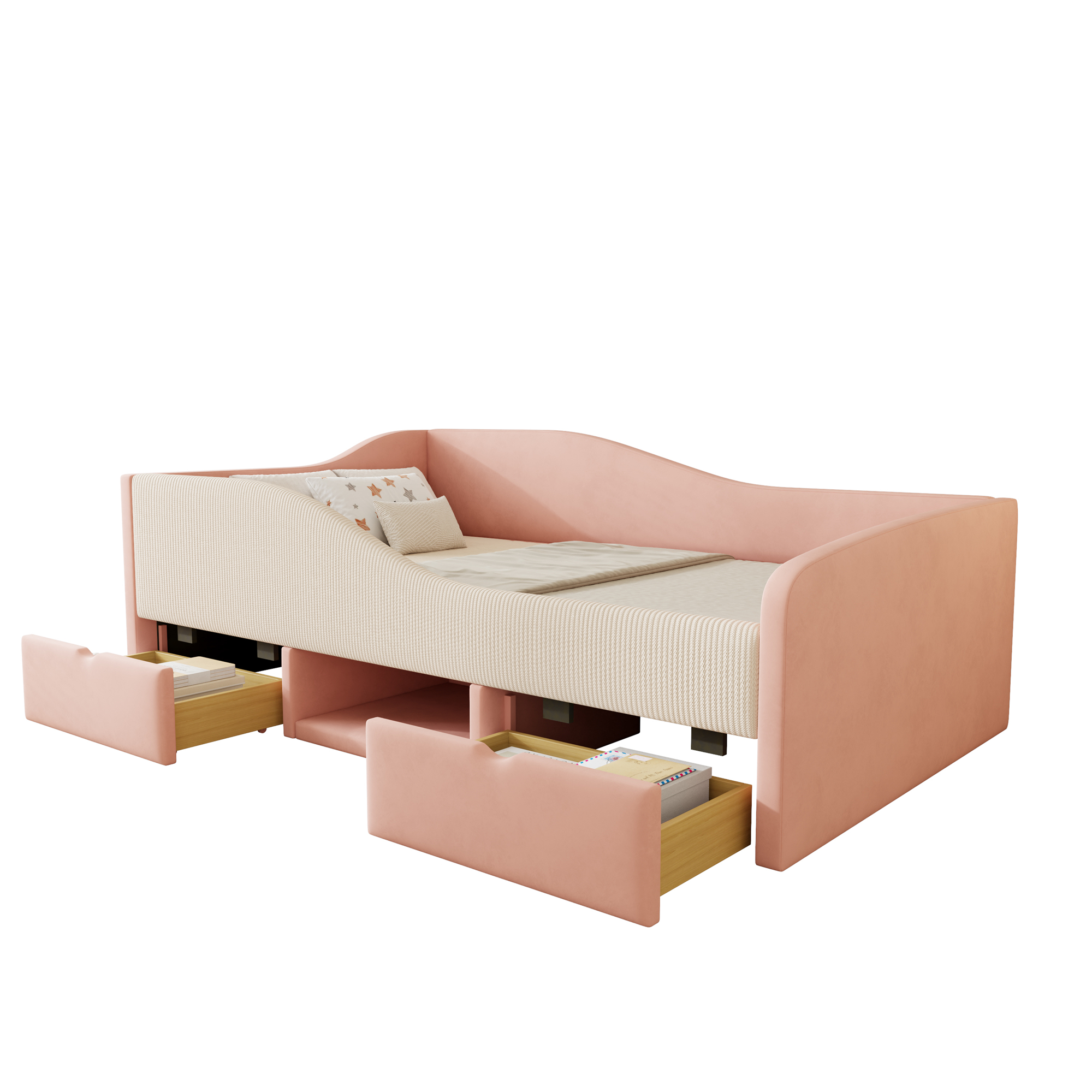 Stilvora Tagesbett 90 X 190 Cm Aus Samt Mit 2 Schubladen, Geländer Und Aufbewahrungsfächern, Ohne Matratze, Rosa Und Elfenbein