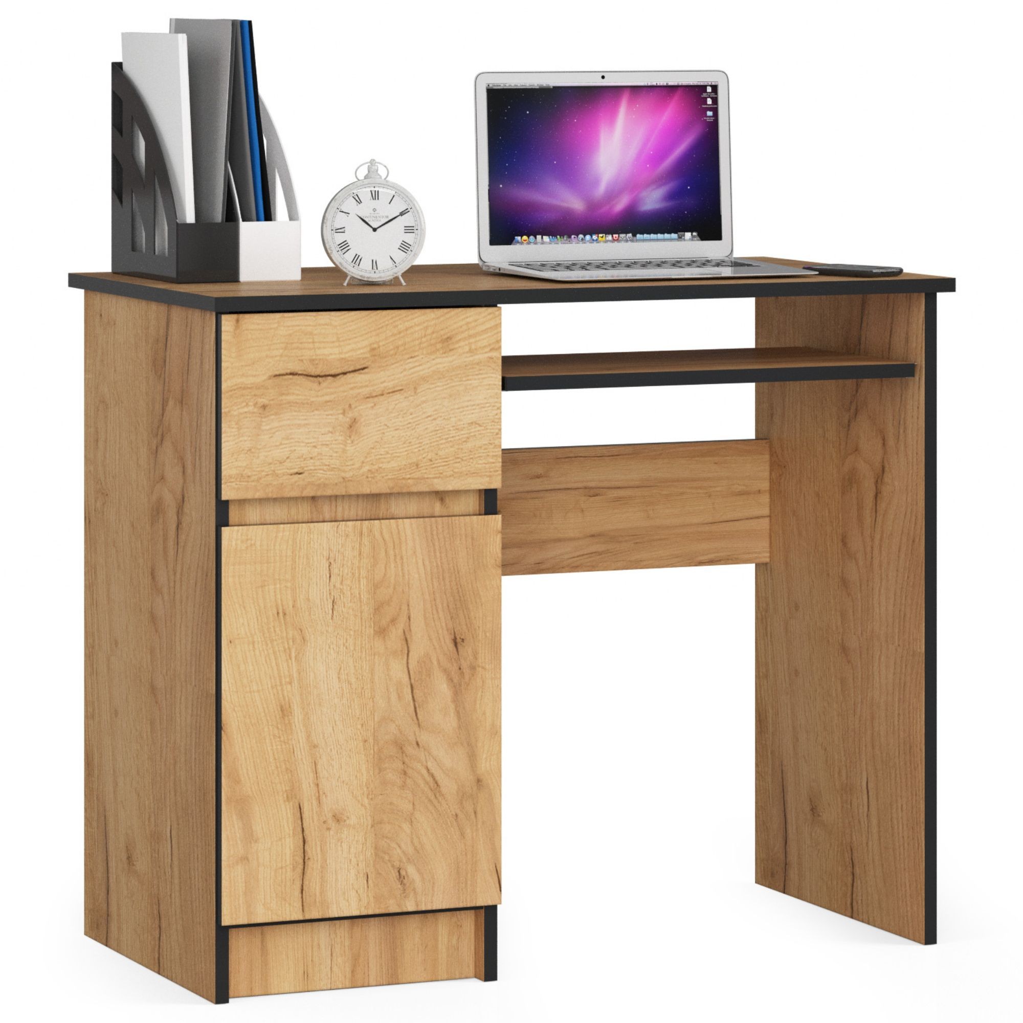 Bureau D'Ordinateur Akord Gauche Piksel Chêne Craft 90 Cm 1 Porte 1 Tiroir Façade Chêne Craft 3 Étagères 90x50x77 Cm