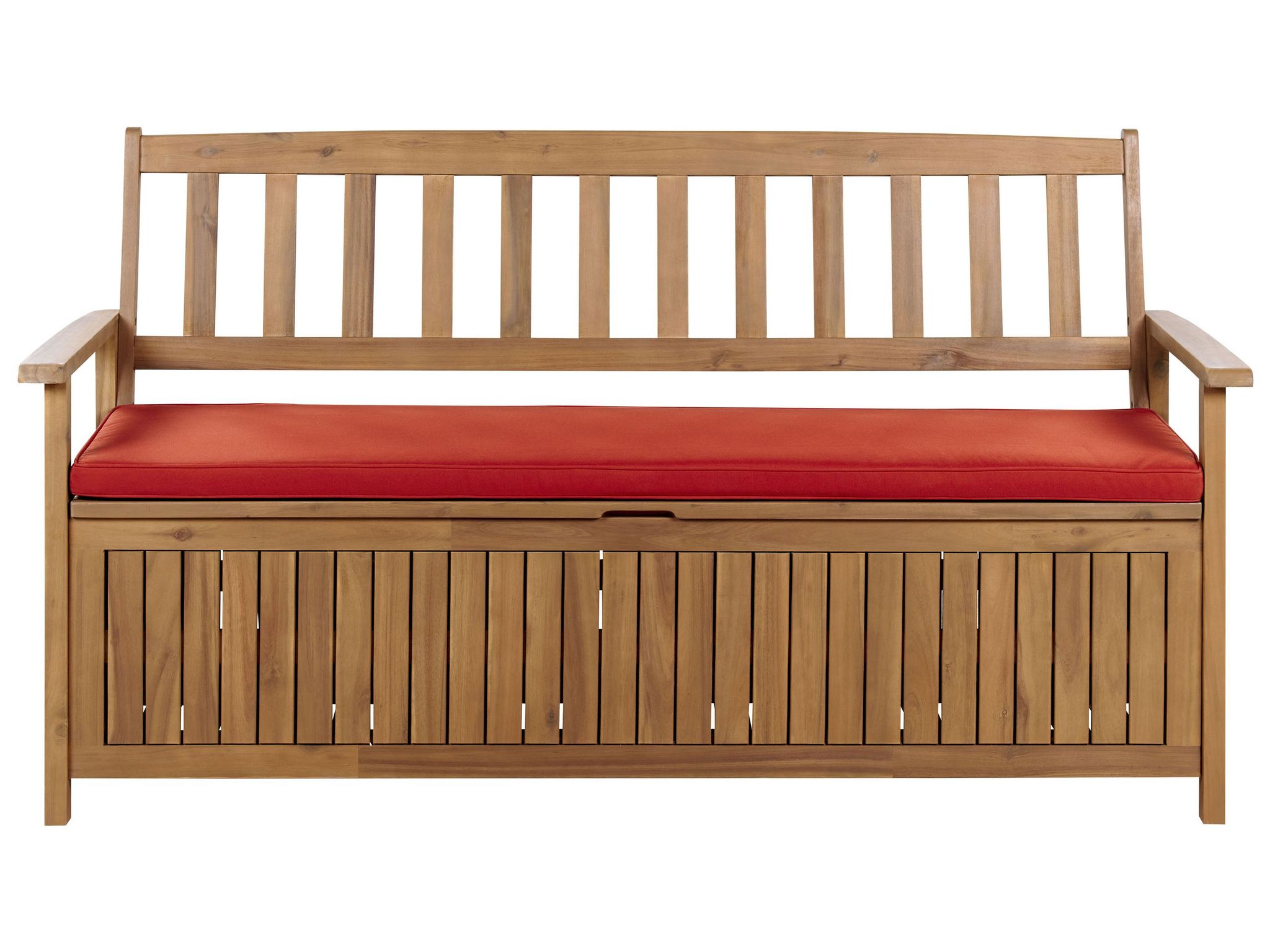 Beliani - Rustic Outdoor Patio Storage Bench Solid Acacia Wood 160 Cm Red Cushion Sovana