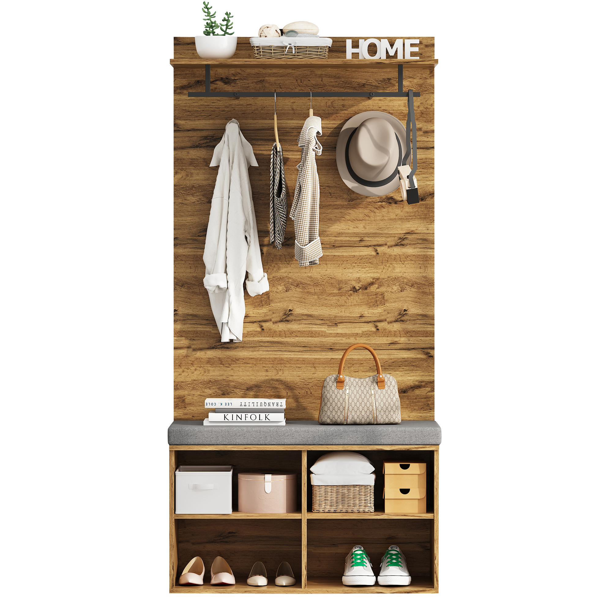Stilvora Flurmöbel Mit Gepolsterter Schuhbank, Kleiderstange, Verstellbarem Regal Und 2 Haken, Holzoptik Eiche, 84 X 35 X 175 Cm