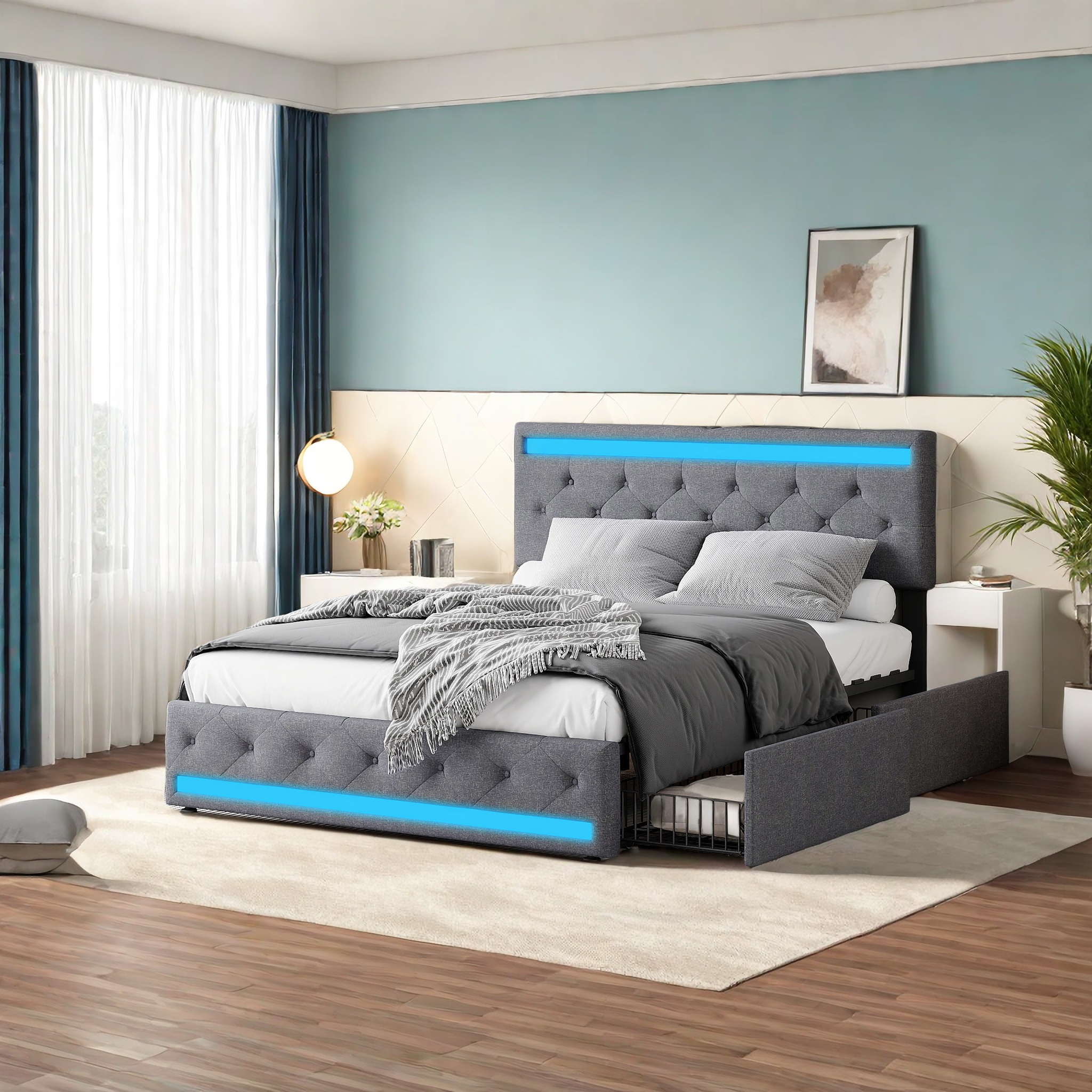 Sureh - Lit 160x200cm Avec Tiroirs,lit Double Led Avec 4