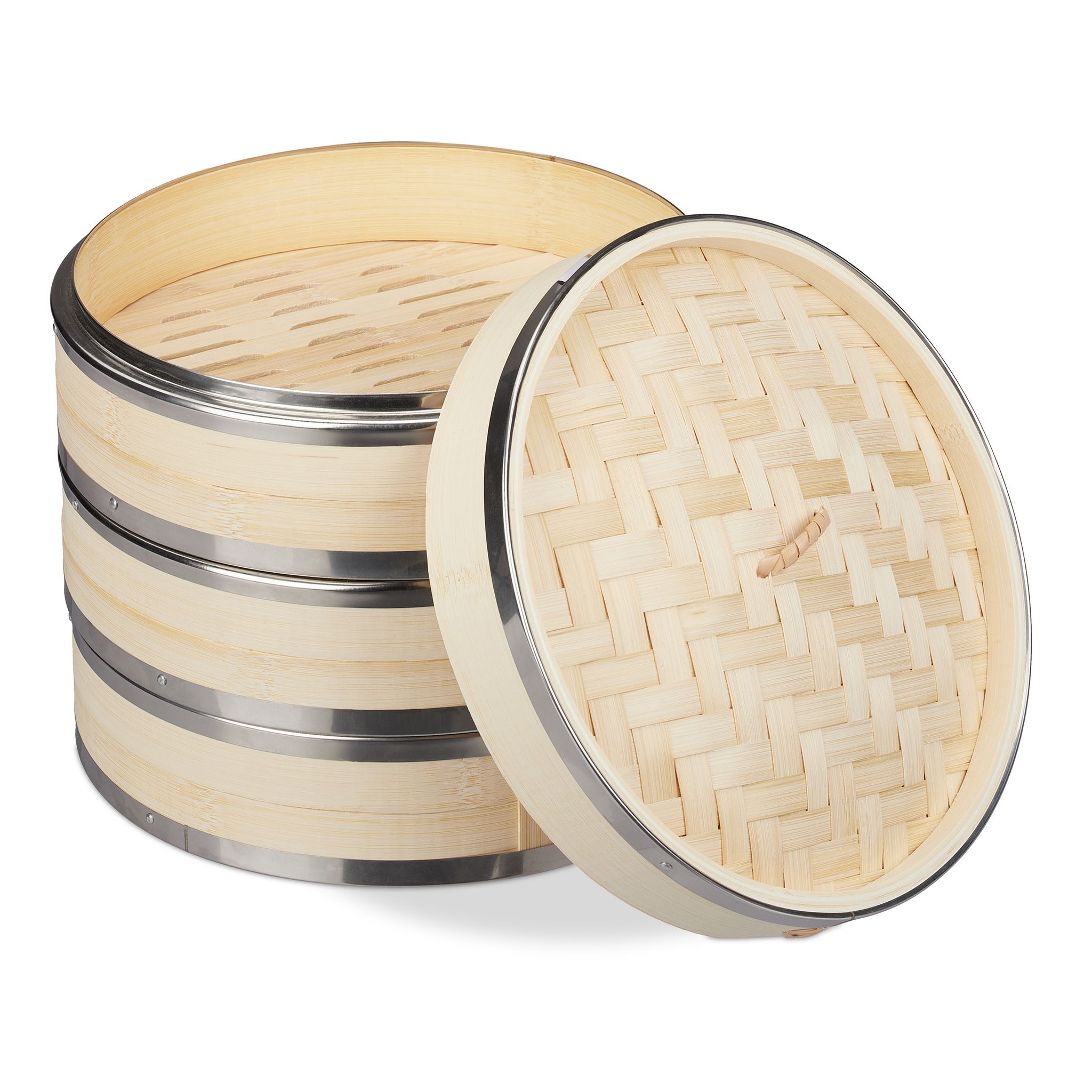 Relaxdays Bamboo Steamer, 3 Tier, Metal Rings, Asian Cooker, For Rice, Dim Sum, Vegetable, Basket, Pot, Ø24cm, Natural