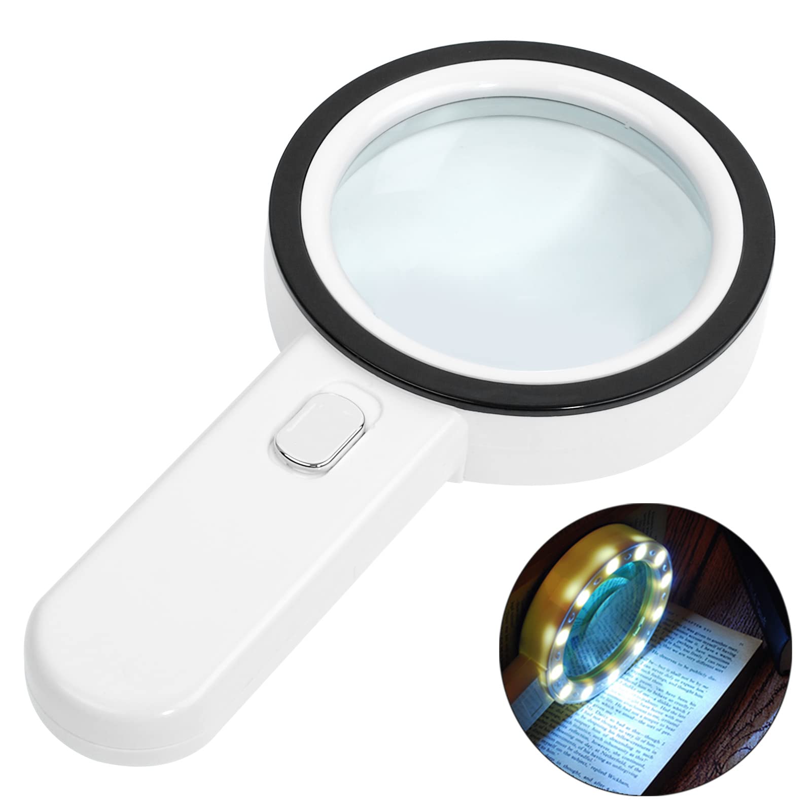 Loupe de lecture éclairée 30x, lentille acrylique 10 cm, 12 LED, fonctionne sur 2 piles AA