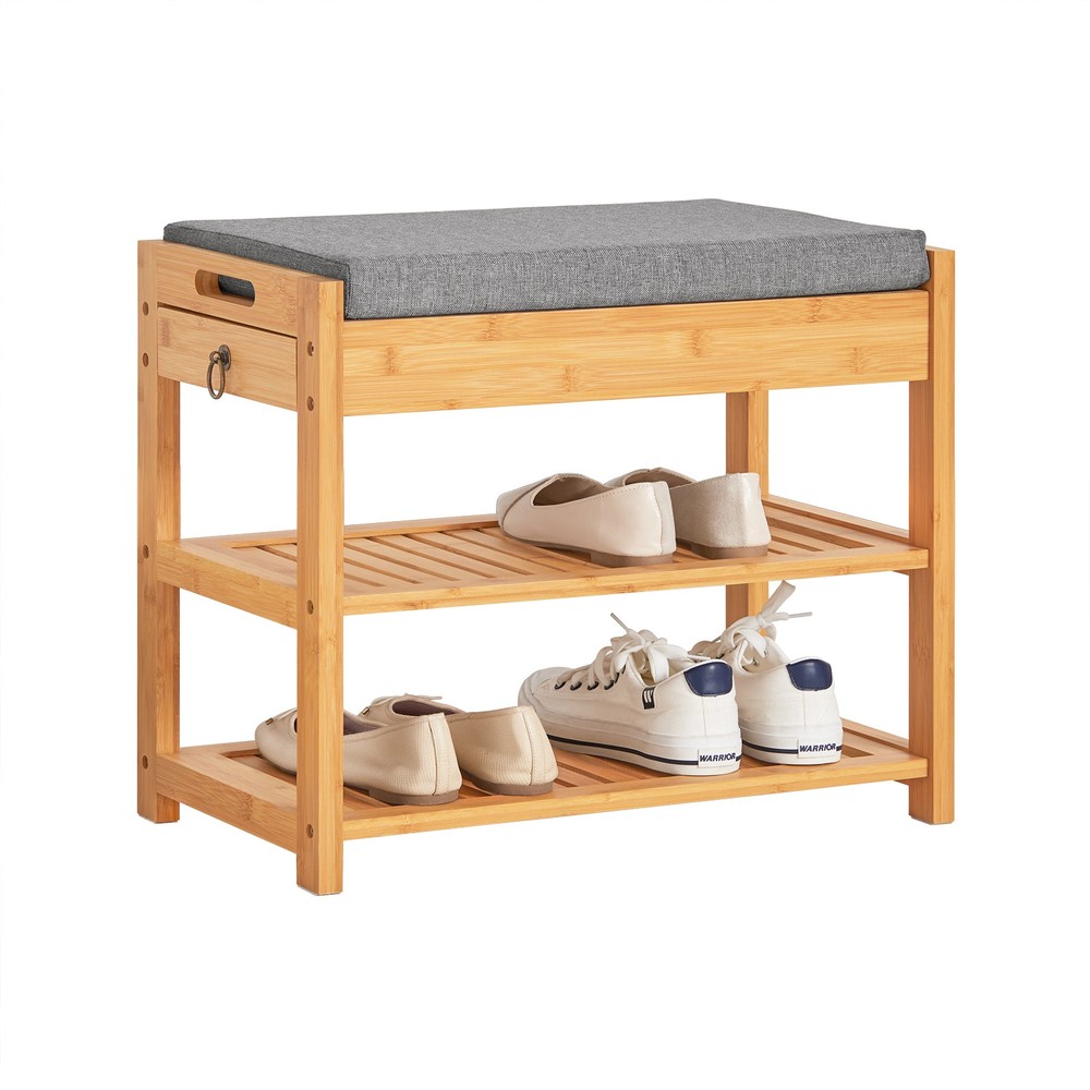 Banc De Rangement Chaussures 3-en-1 En Bambou Massif Avec Siège