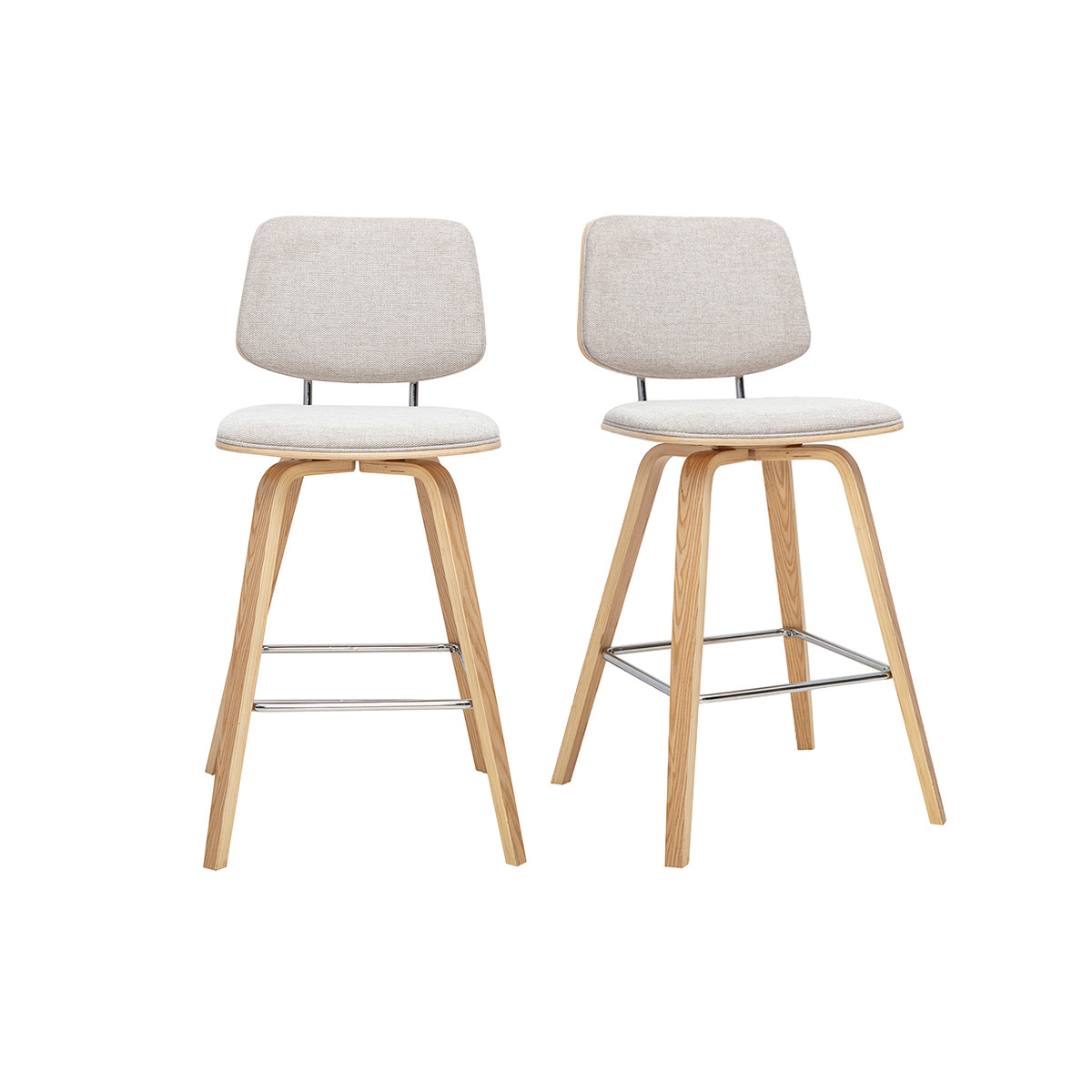 Tabourets De Bar En Tissu Effet Velours Texturé Beige Et Bois Clair H66