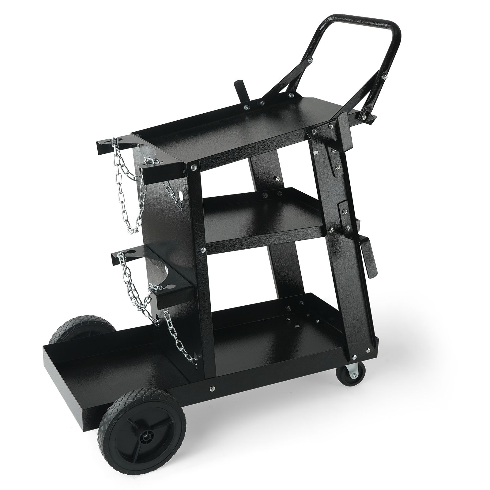 Chariot de soudage 3 étages avec chaînes de sécurité pour bouteille, roues pivotantes 360°, pour postes MIG, TIG, arc et MMA