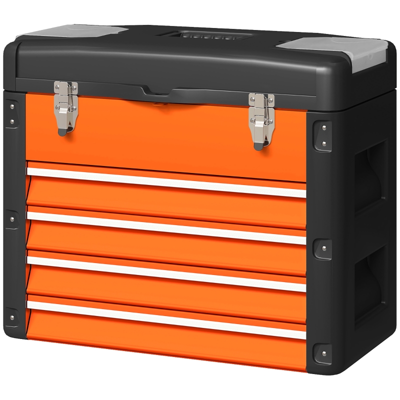 Boîte à outils à 4 tiroirs coulissants en acier, charge 30 kg, poignée de transport, orange