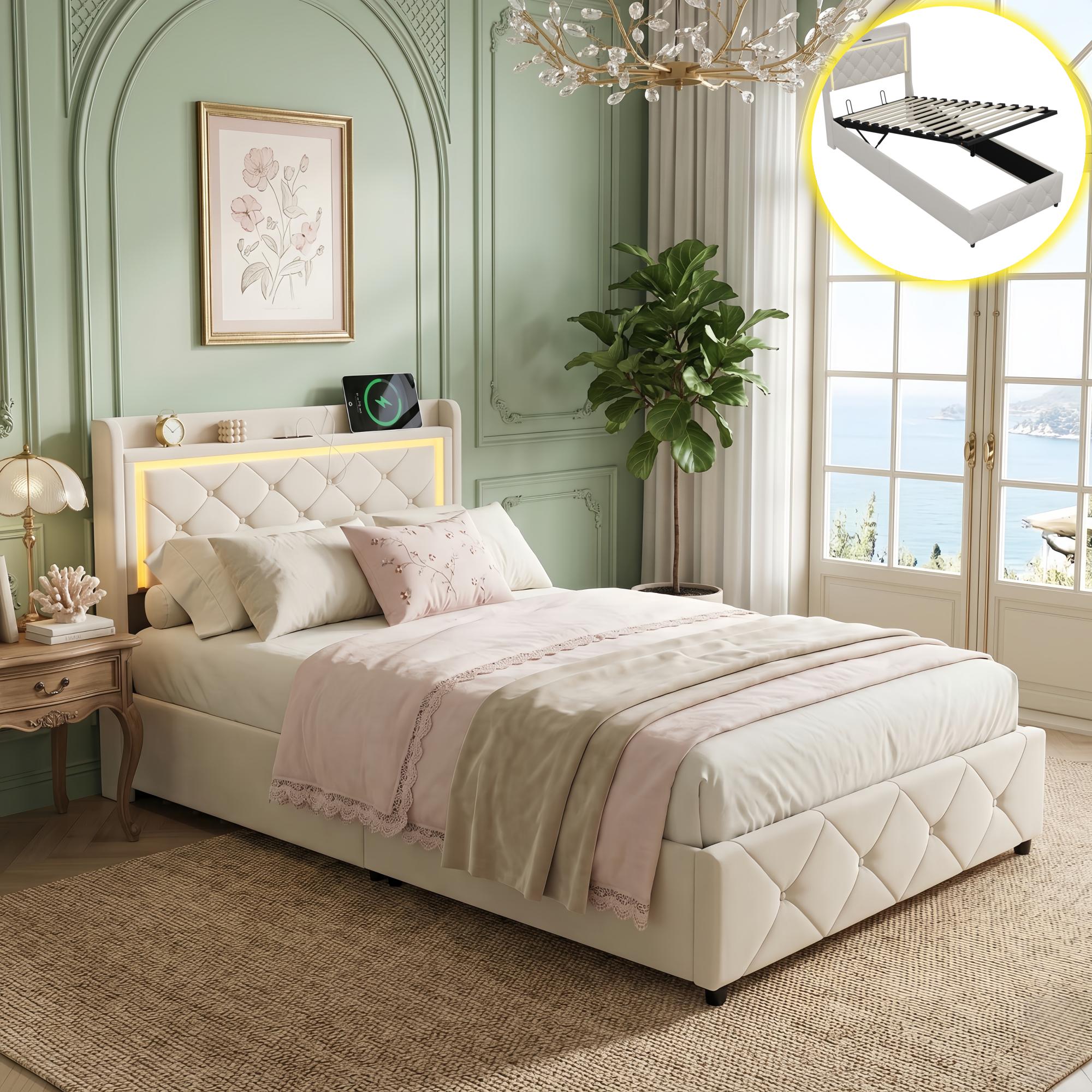 Lit Coffre Simple 90x190 Cm Velours Beige Avec Rangement - Tête De Lit Diamant Avec Led Et Usb - Sommier Inclus, Style Scandinave
