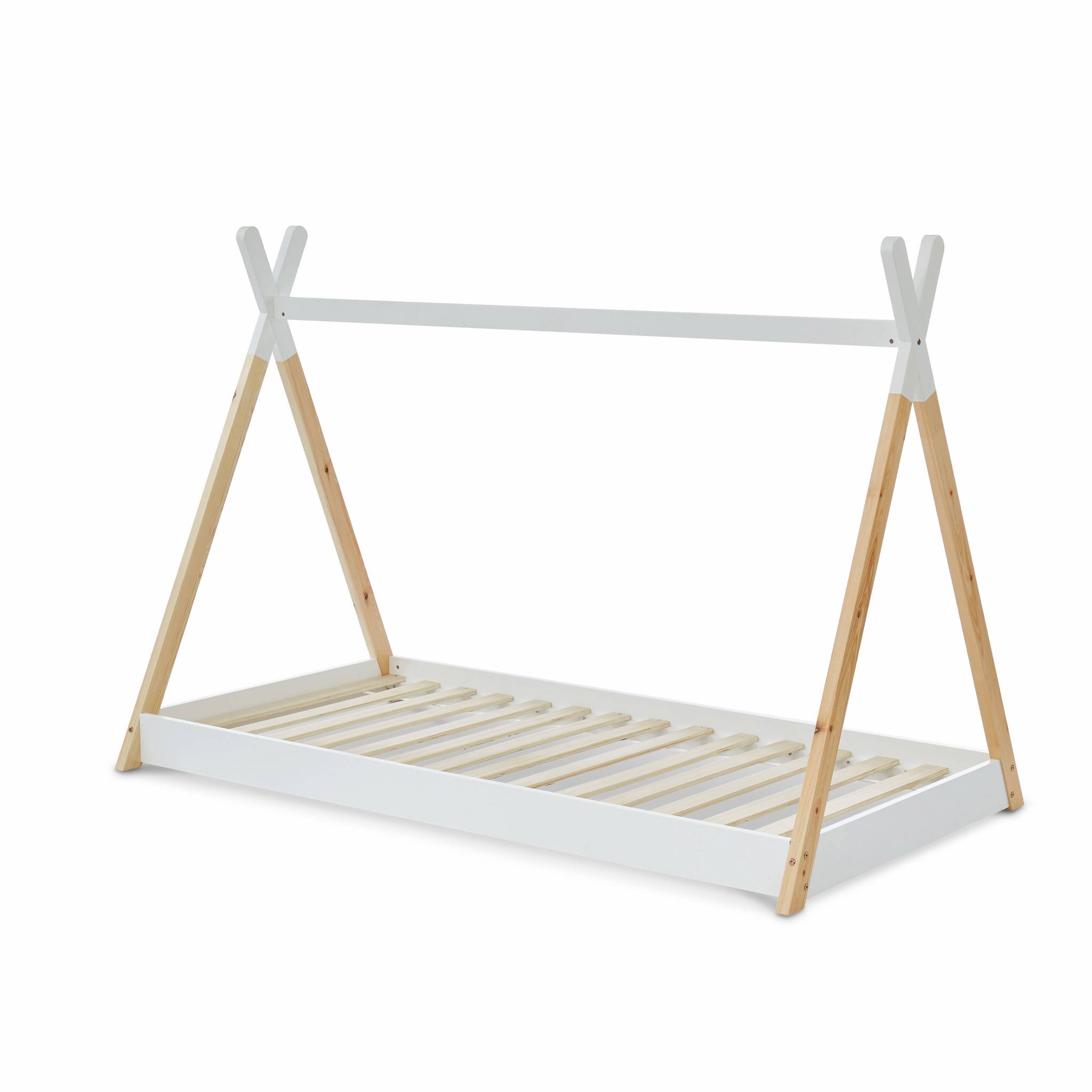 Lit Tipi En Bois Massif. Pin Naturel Blanc - Sommier Inclus. 90x190cm