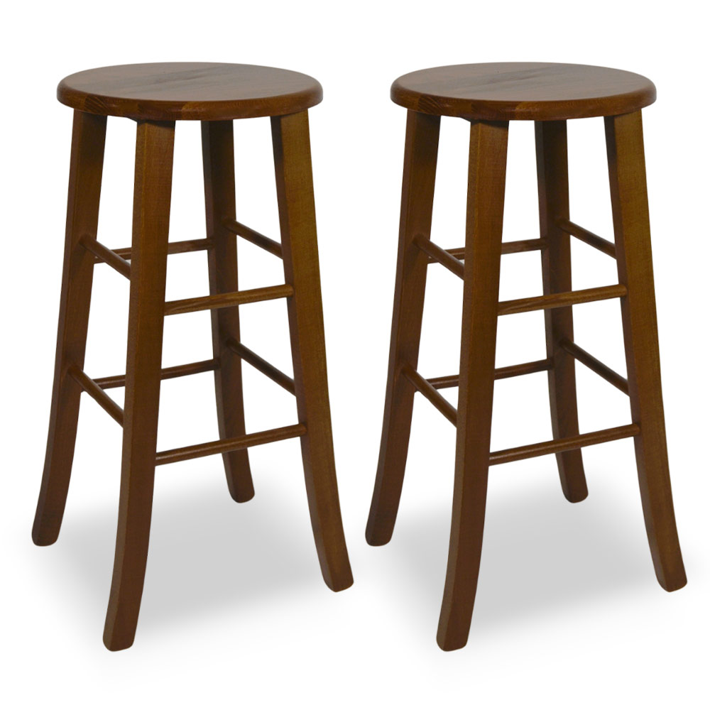 Deux Tabourets De Bar Ronds, Hauteur 68 Cm, Noyer Foncé, Pieds Galbés