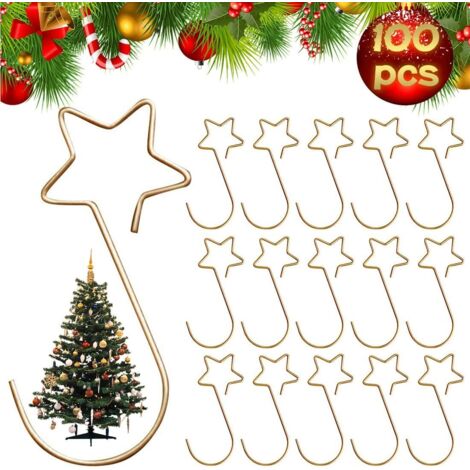 Crochets en S pour boules de Noël, étoile dorée, acier inoxydable, charge 2 kg, lot de 100