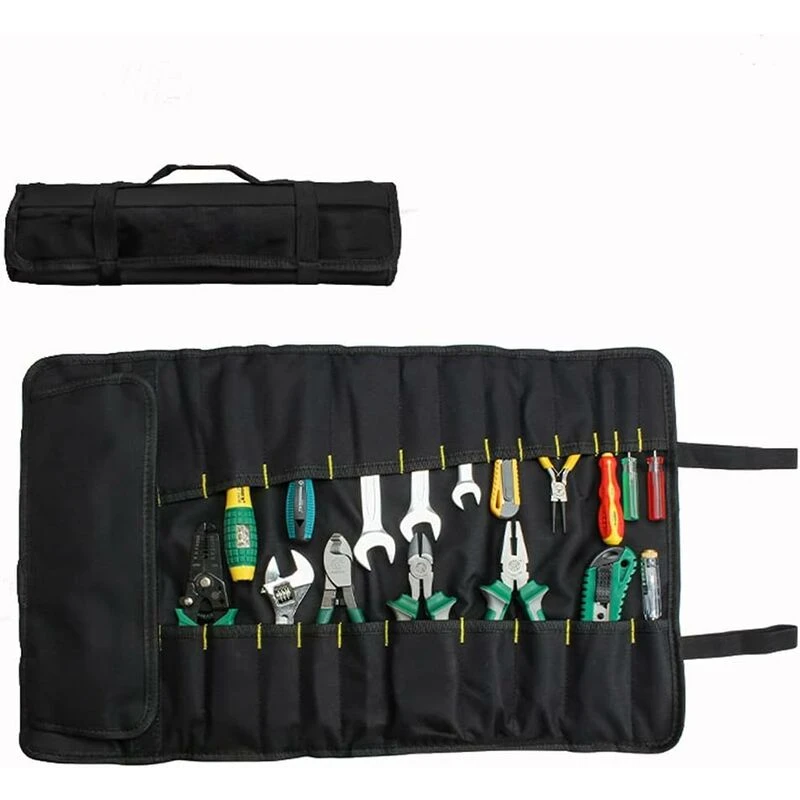 Sac à outils roulant 37 poches en tissu Oxford imperméable, noir, poignée de transport