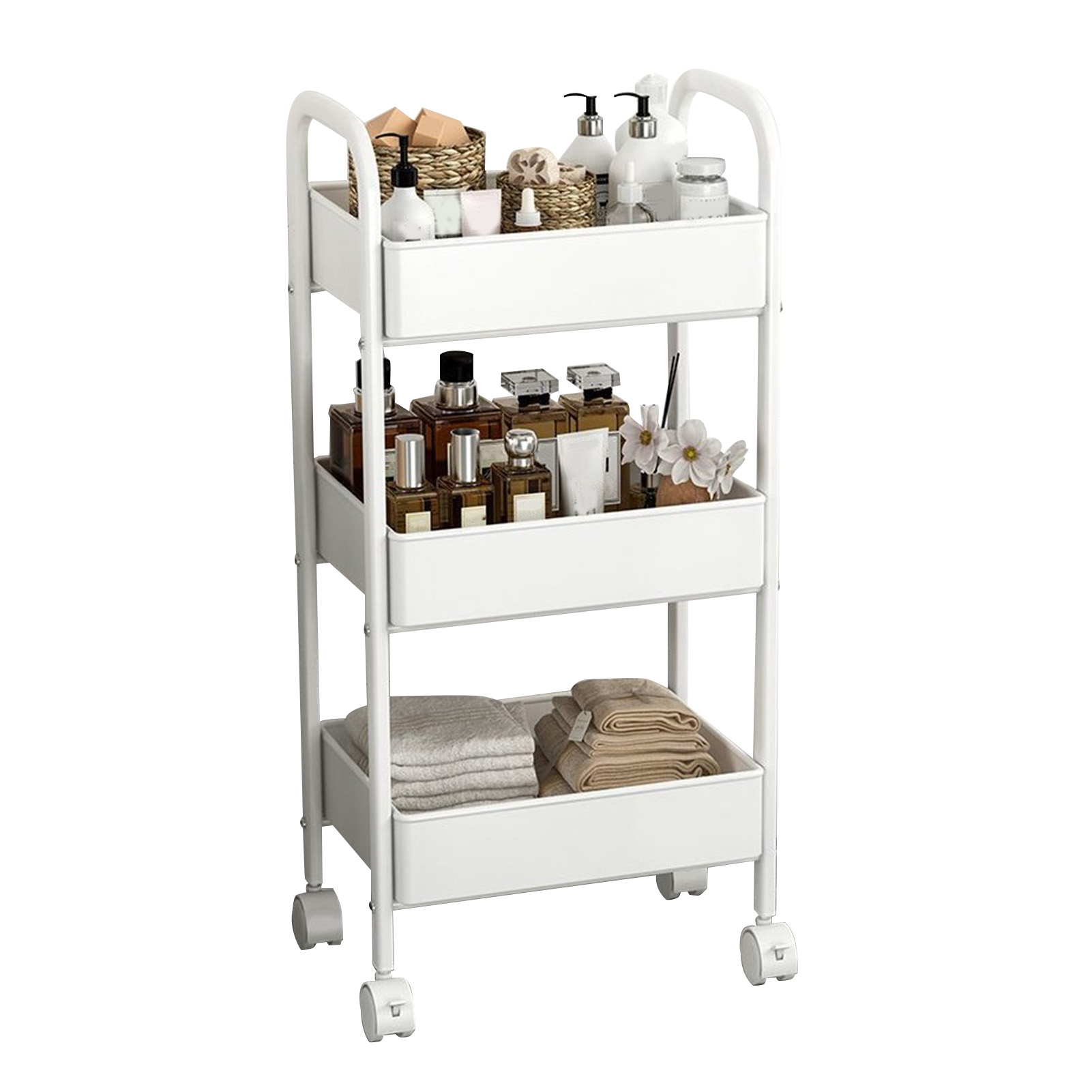 Chariot roulant 3 niveaux en acier au carbone et PP, rangement multifonctionnel avec roulettes