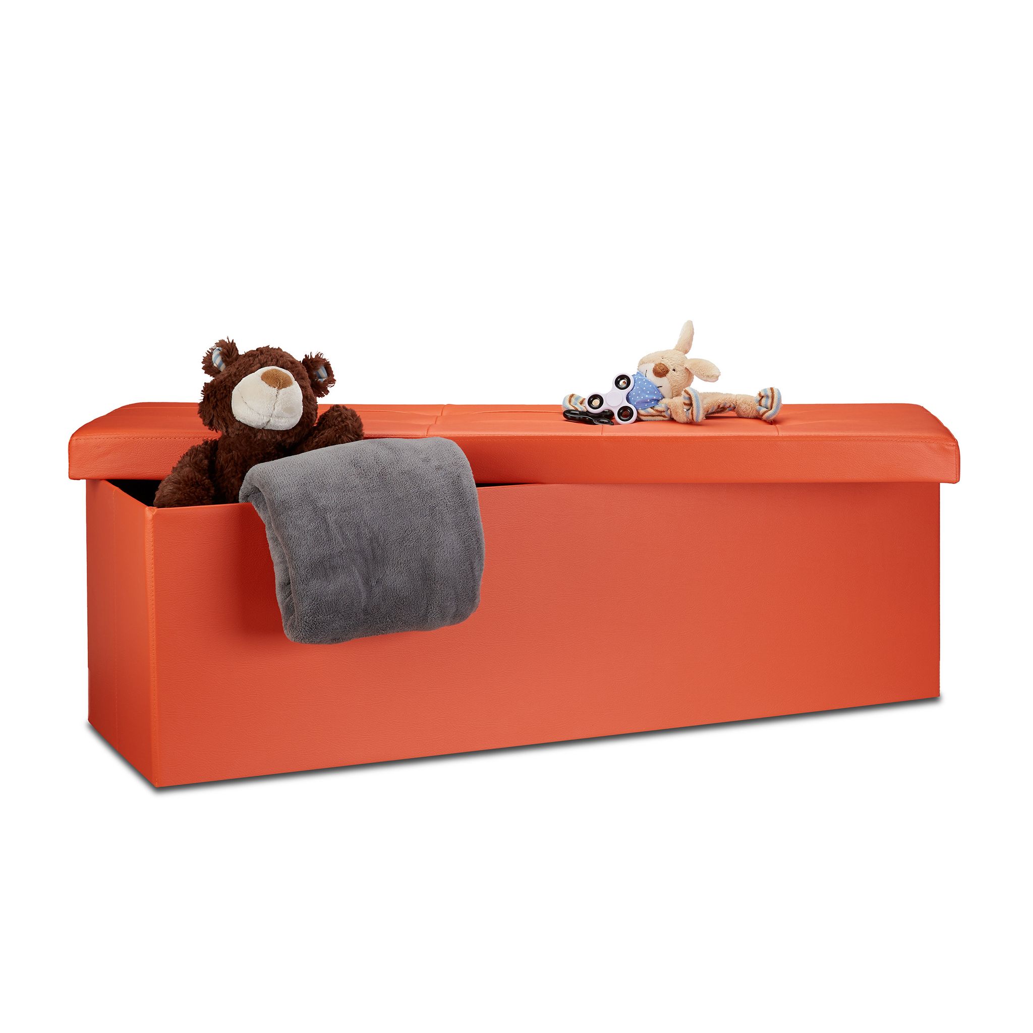 Faltbare Sitzbank Hxbxt 38 X 114 X 38 Cm, Xl Kunstleder Sitztruhe, Aufbewahrungsbox Mit Viel Stauraum, Orange - Relaxdays
