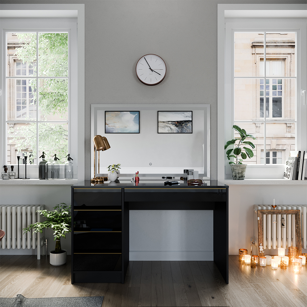 Vicco - Coiffeuse Sherry, Noir, 120 cm avec miroir led