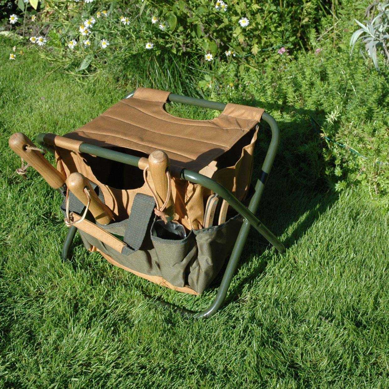 Esschert Design Kombi-Hocker mit Werkzeughalterungen, 40 x 31 x 31 cm, in grün/braun