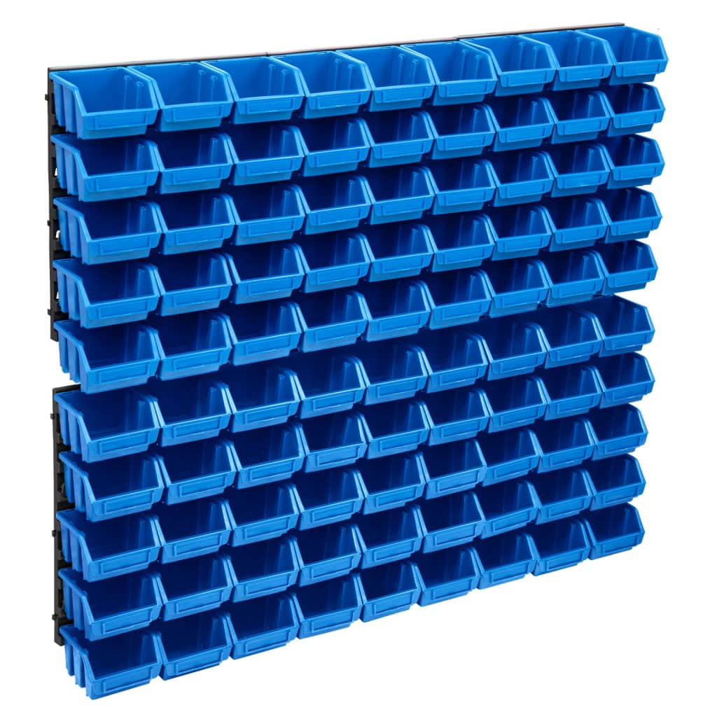 Kit de rangement mural 6 panneaux et 90 bacs empilables en plastique, fente pour étiquette, 2 kg par bac
