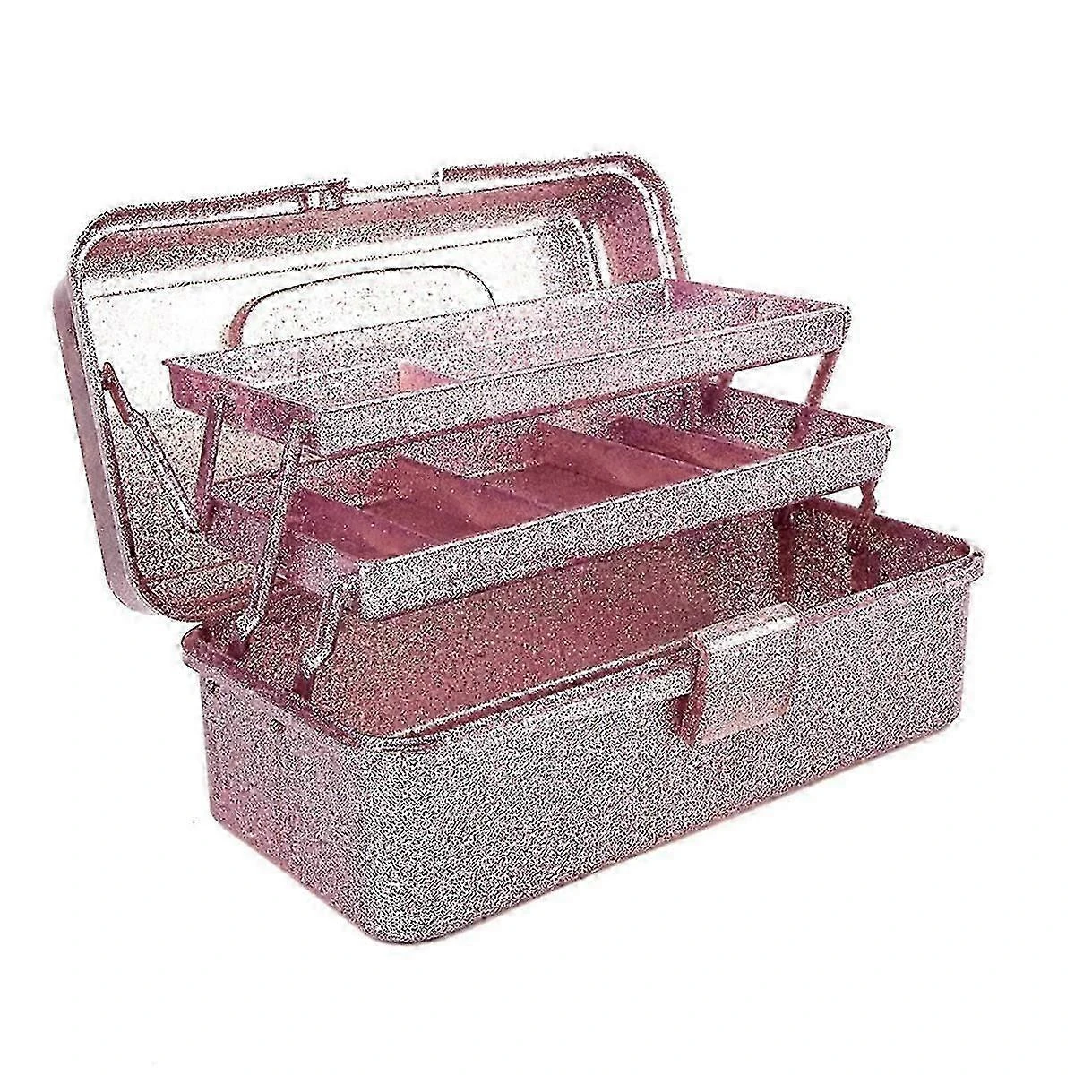 Boîte de rangement à 3 niveaux avec poignée, plastique rose pailleté, pour outils de loisirs créatifs, couture et pêche