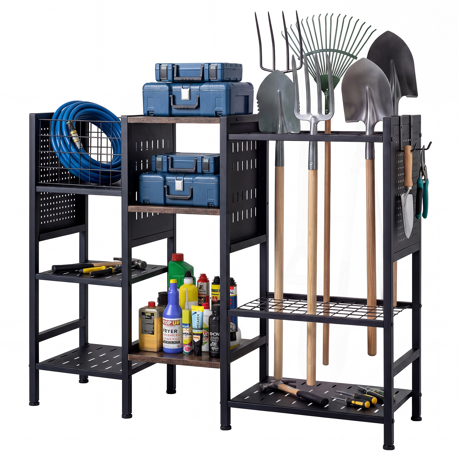 Étagère à outils 3 niveaux autoportante avec panneau perforé et crochets, 100x29x80 cm, charge 10 kg par niveau, lot de 66 emplacements