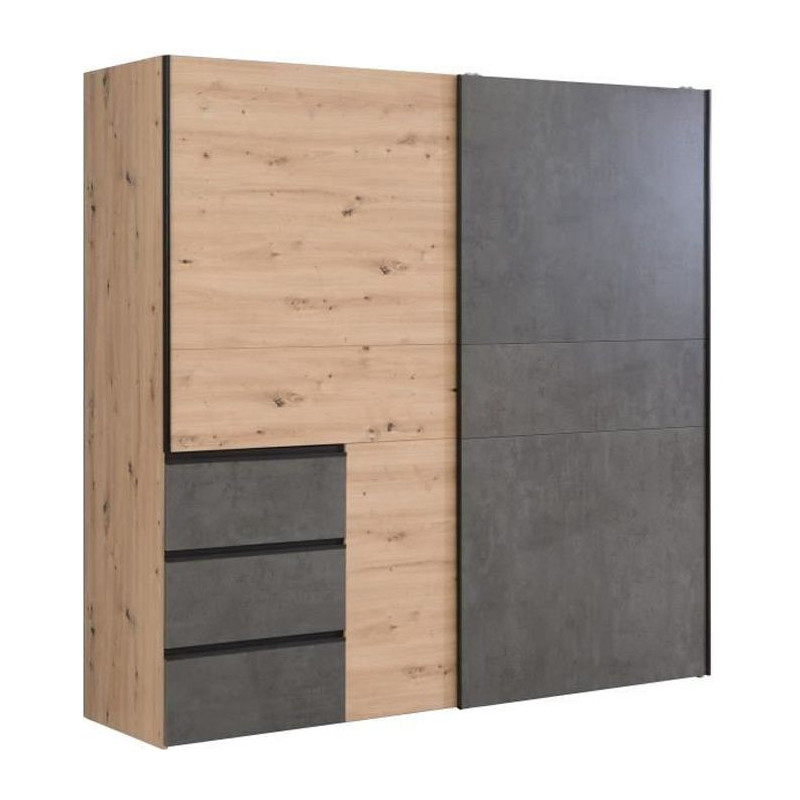Les Tendances - Armoire 2 Portes Coulissantes 3 Tiroirs - Decor Chene