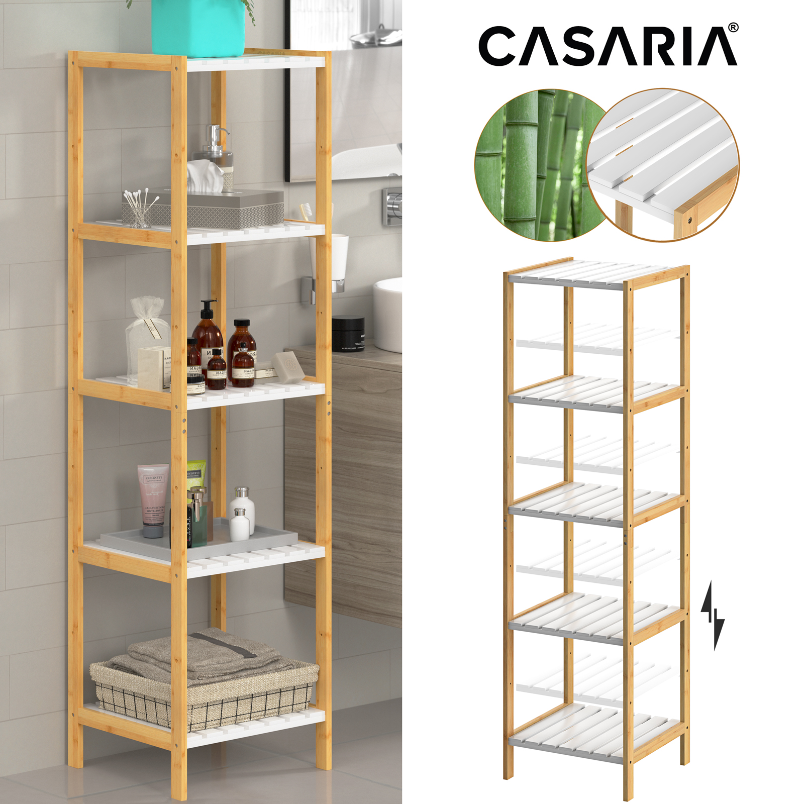 Badregal Bambus Ablagen Belastbarkeit 30kg Küche Kinderzimmer Wohnzimmer Bad Regal Bücherregal Holzregal Mehrzweckregal Verschiedene Optionen 5 Ablagen - Casaria