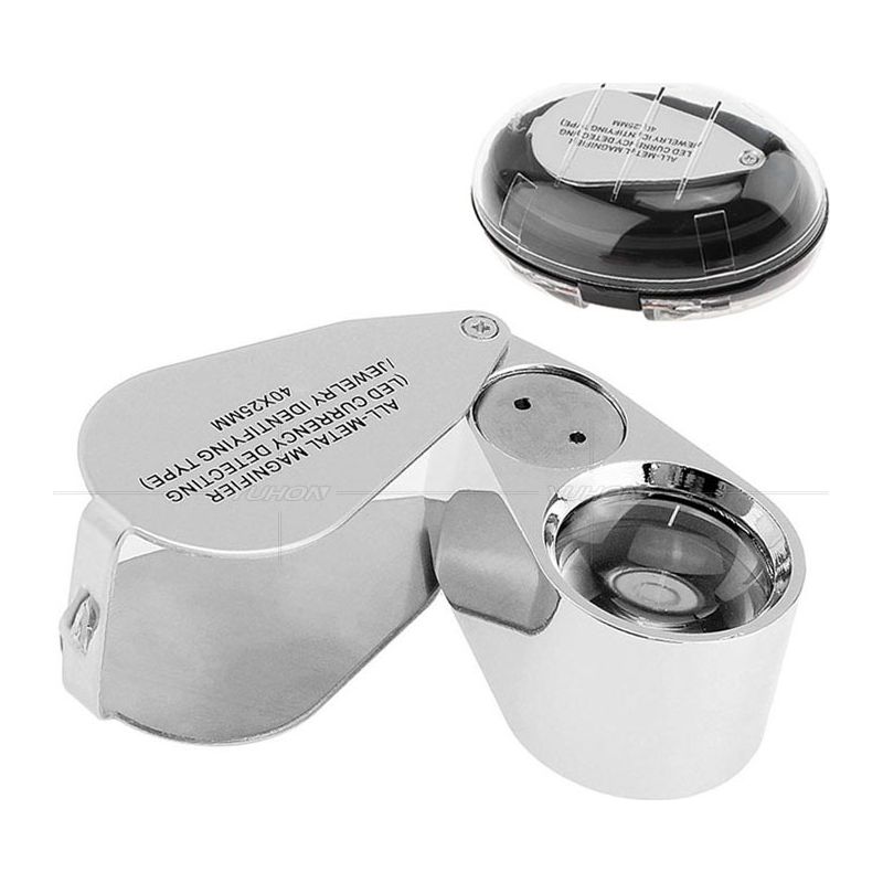 Loupe de bijoutier 40x en métal, éclairage LED et UV, 3 piles LR927 incluses