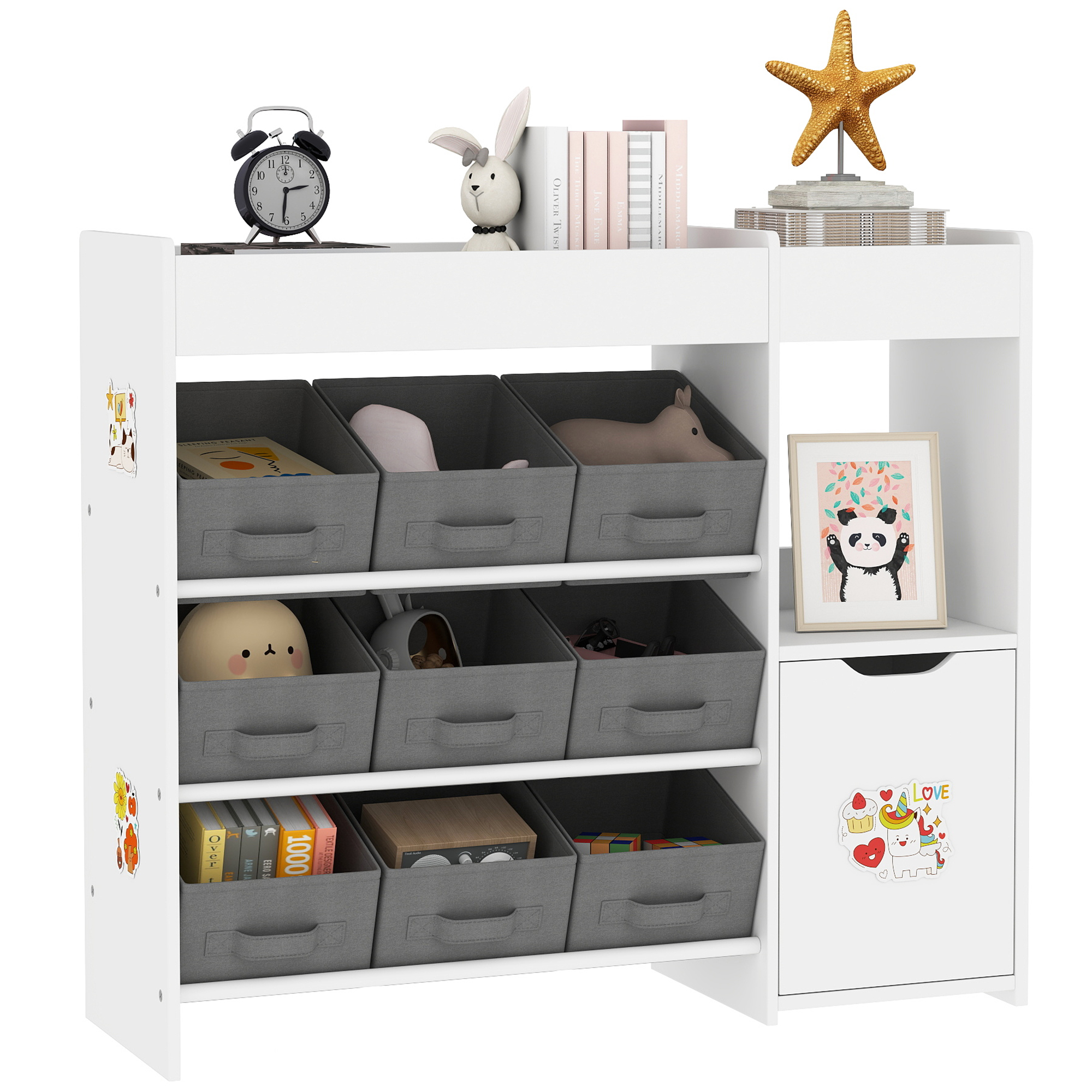 Meuble Rangement Enfant Étagère De Rangement Pour Jouets Enfants Avec 9 Tiroirs En Tissu Et Placard. Blanc