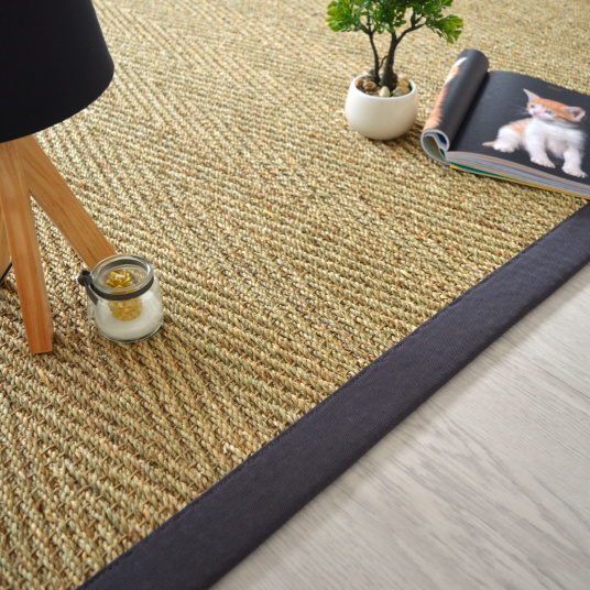 Tapis Jonc De Mer - Assam Chevron - Ganse Coton Anthracite - 120 X 170