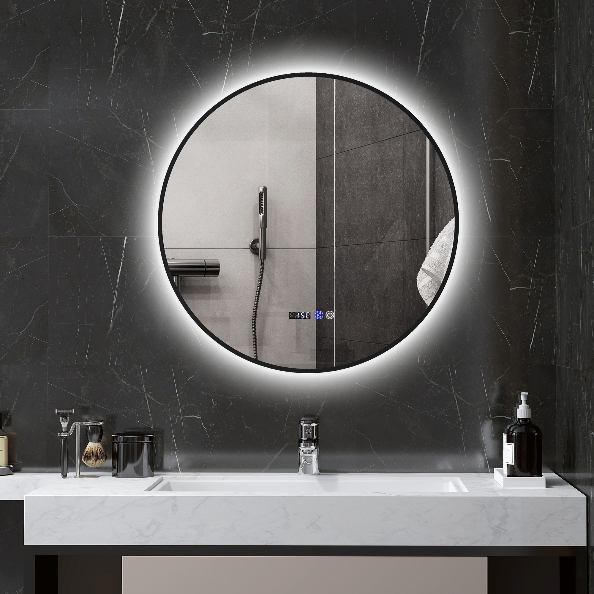 Noir - Miroir De Salle De Bain Rond Led Réglable 70cm