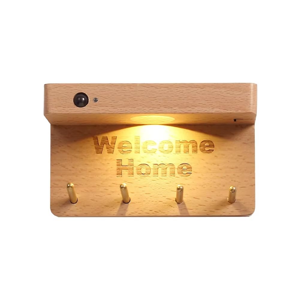 Crochet à clés mural en bois avec lampe à capteur, 0,4 W, marron