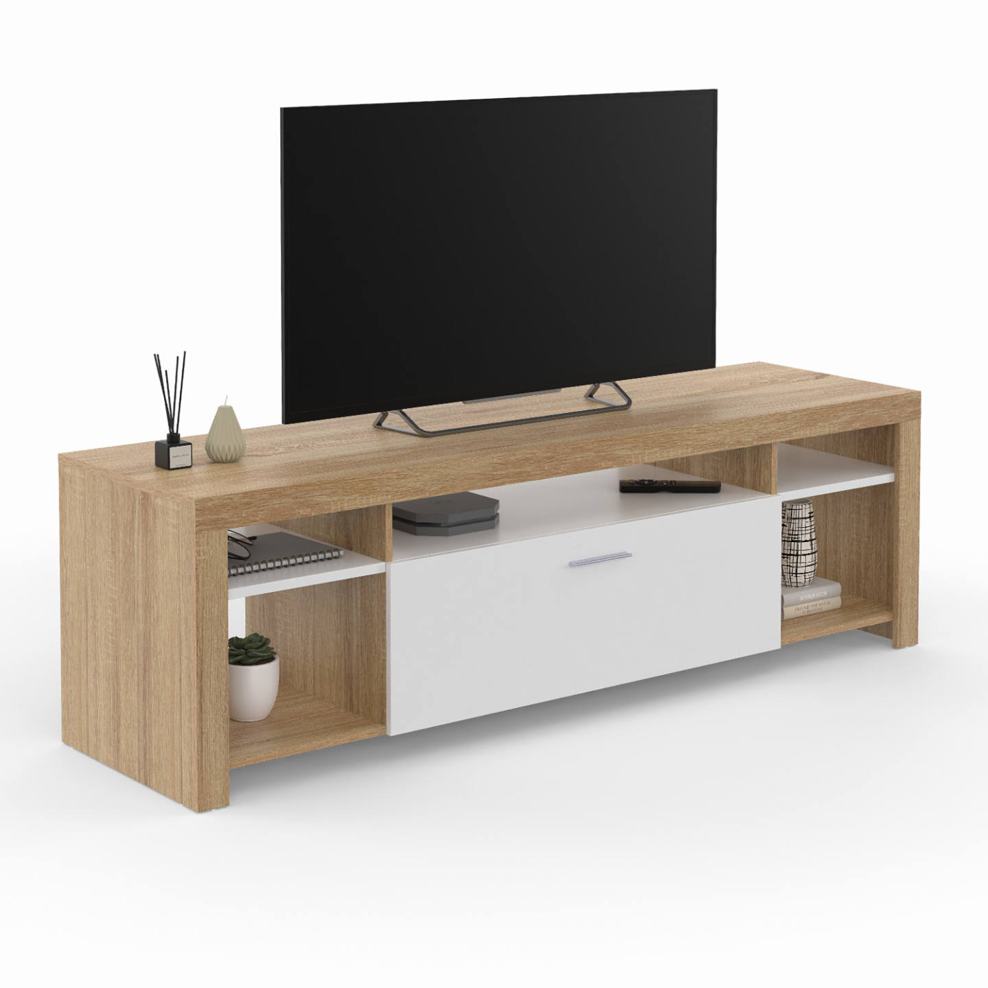 Idmarket - Meuble Tv 140 Cm Malo Bois Et Placard Blanc