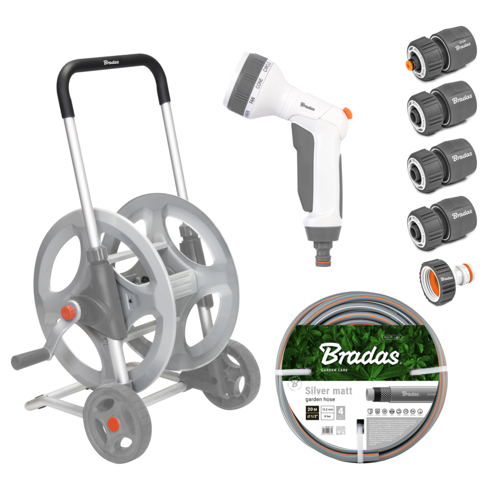 Bradas Schlauchwagen Silberfarben 1/2 Zoll 20 M Inkl. Bewässerungszubehör "silver Pro"