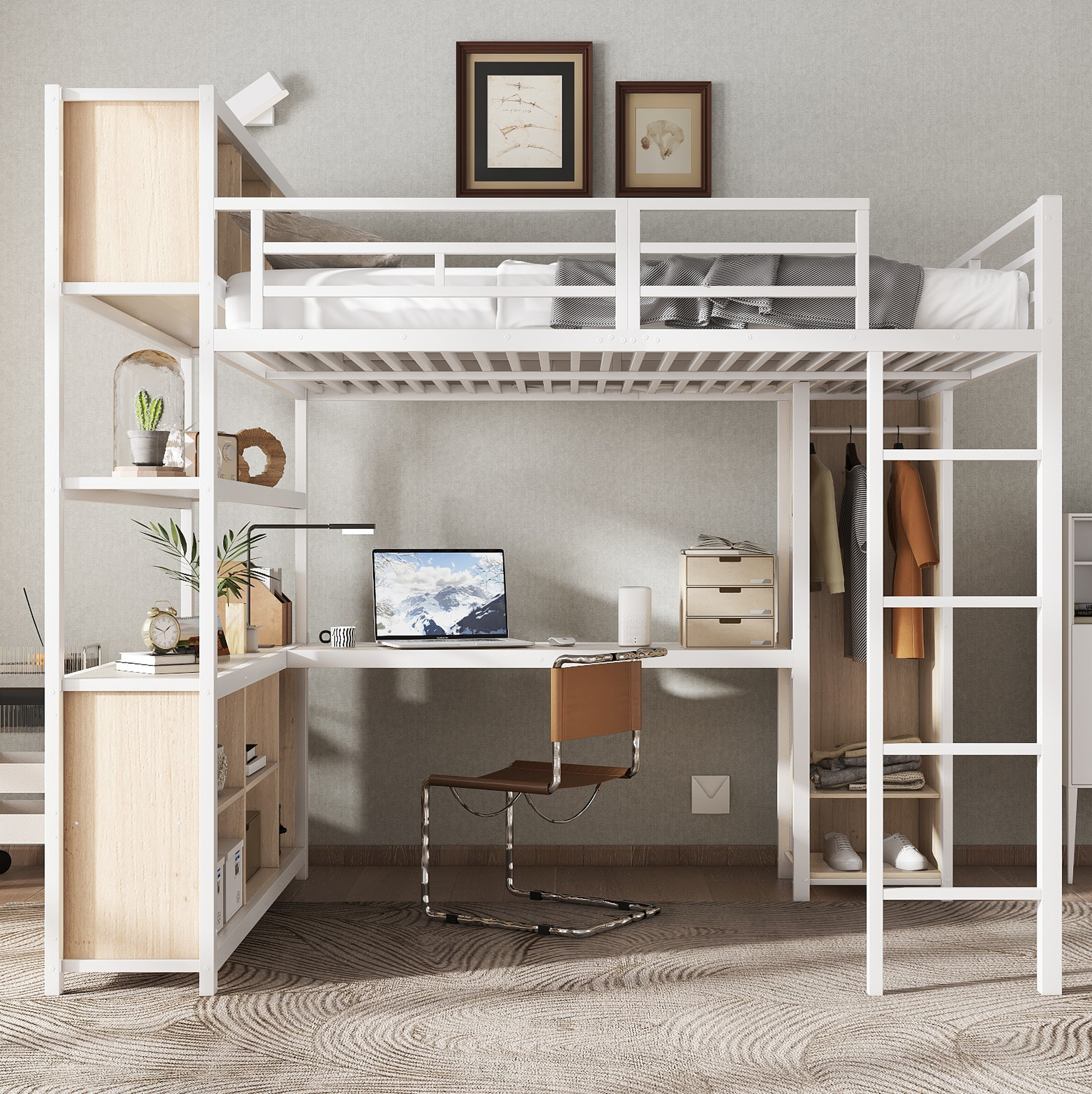 Mivray Bett Hochbett Modern Aus Metall Und Holz Weiß 140x200 Cm Mit Schreibtisch, Kleiderschrank, Stauraum Und Lattenrost