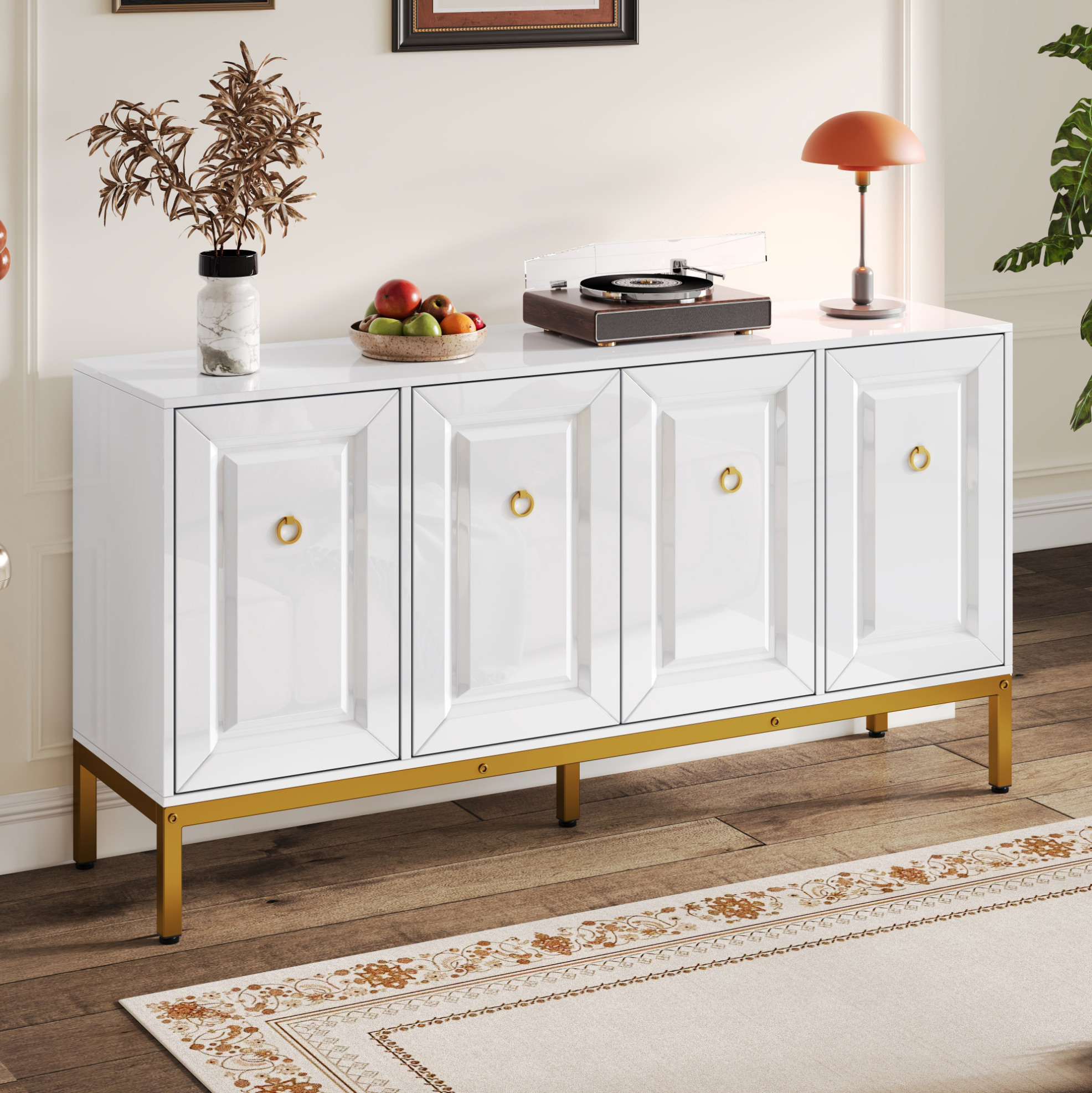 Covreo Sideboard 140x40x80 Cm Weiß Mdf Und Spanplatte Mit Goldenen Beinen, Hochglanzoberfläche Und Verstellbaren Einlegeböden