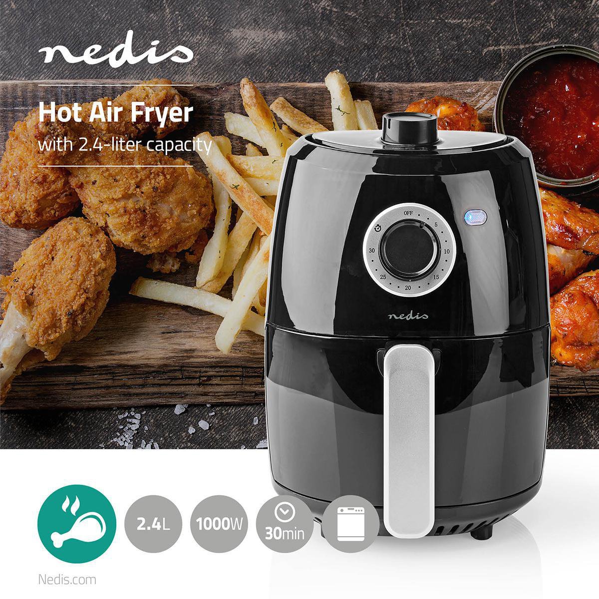 Nedis KAAF120FBK friteuse Unique 2,4 L Autonome 1000 W Friteuse d'air chaud Aluminium, Noir