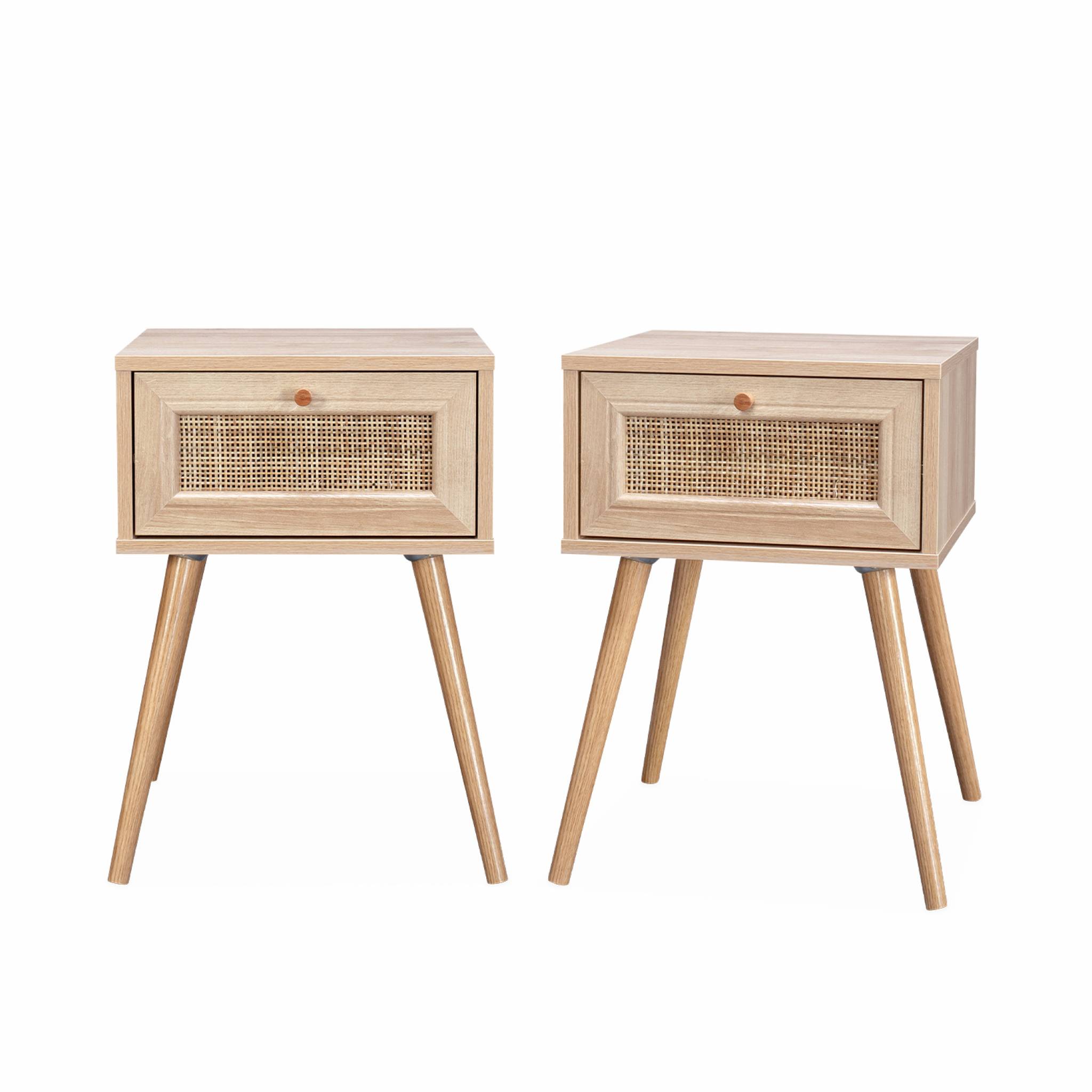 Sweeek - Lot De 2 Tables De Chevet Effet Bois & Cannage Avec 1 Tiroir